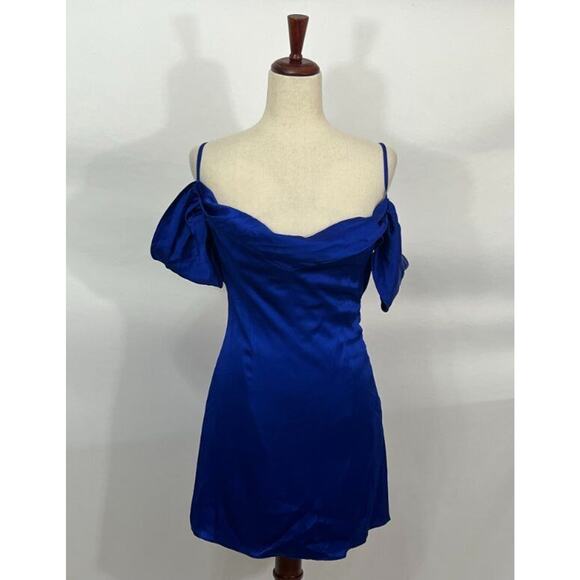 LA SEMAINE Paris Sz 34 2 Blue Silk Blend Off Shoulder Mini Dress NWT - Picture 1 of 10